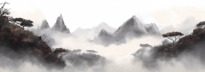 徽墨松柏云山雾罩中国风水墨画背景,插画/手绘图,插画/手绘图库,插画/手绘图下载,插画/手绘